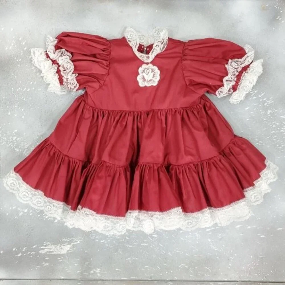 Vintage Lace Full Circle Pinafore Dress Bloomer Set Red Stripe Holiday Twirl - Picture 7 of 10